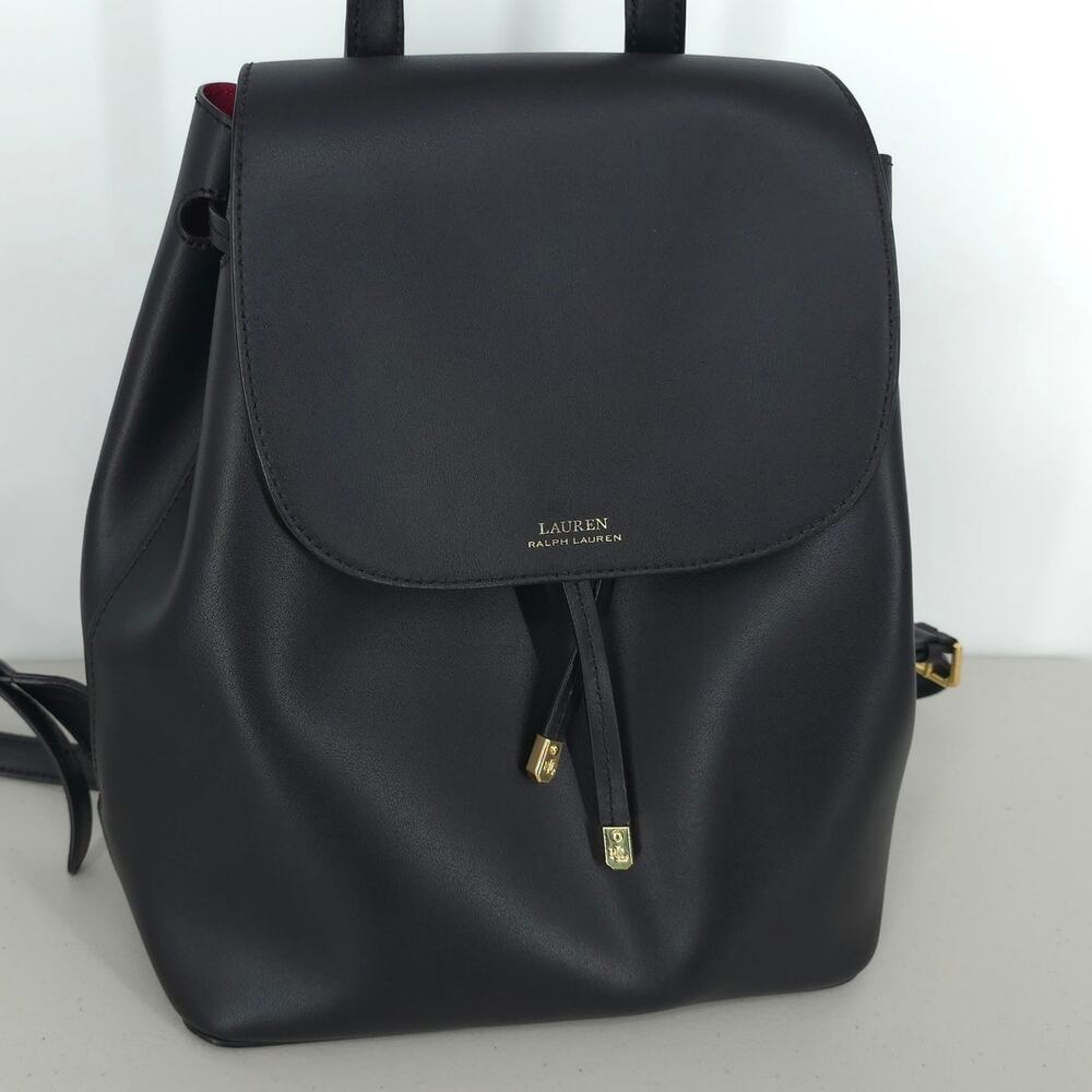 Lauren Ralph Lauren Dryden Flap Black Leather Backpack - Picture 2 of 16